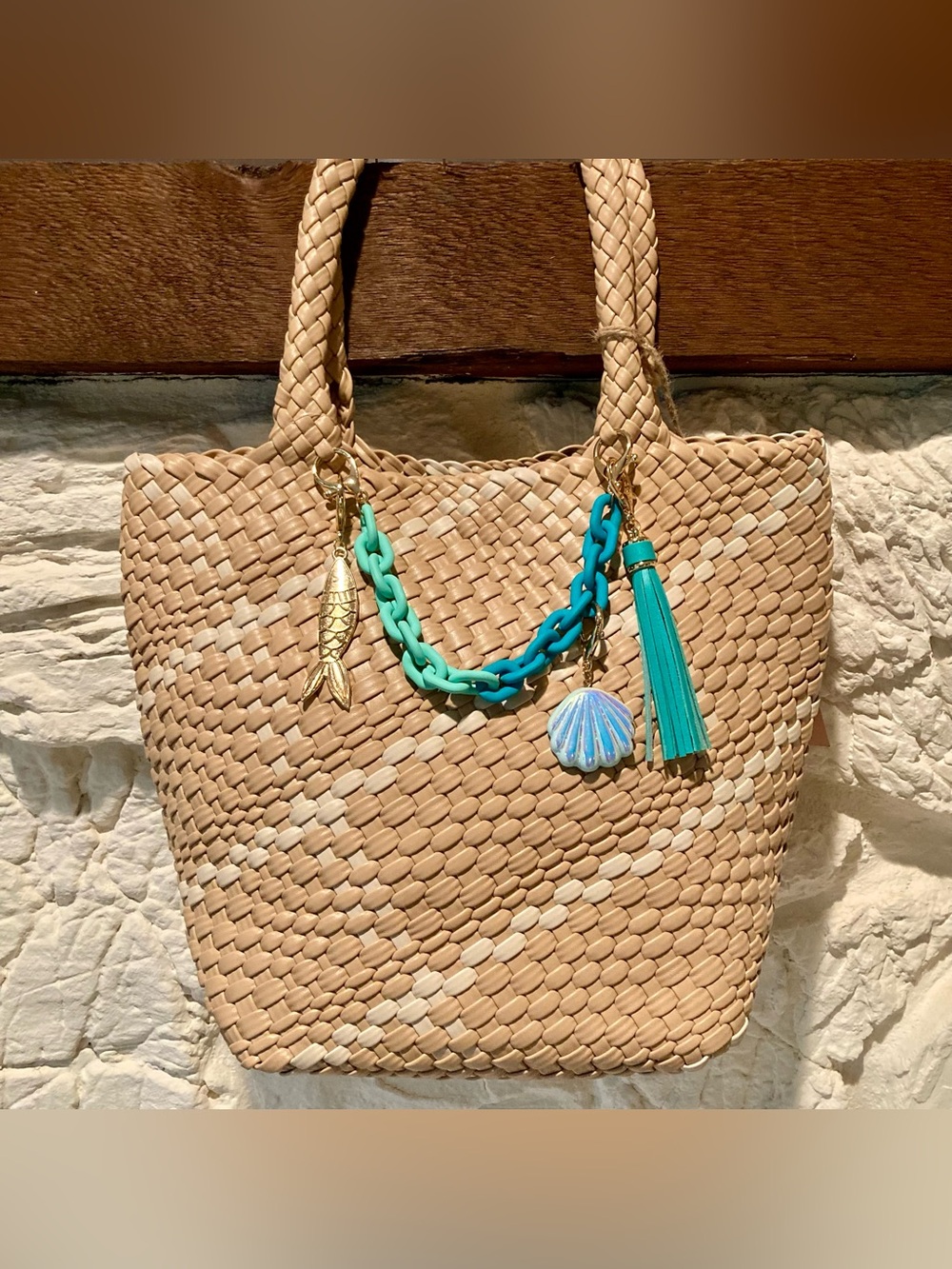 NWT Expressions NYC woven vegan leather tan and cream colored tote bag